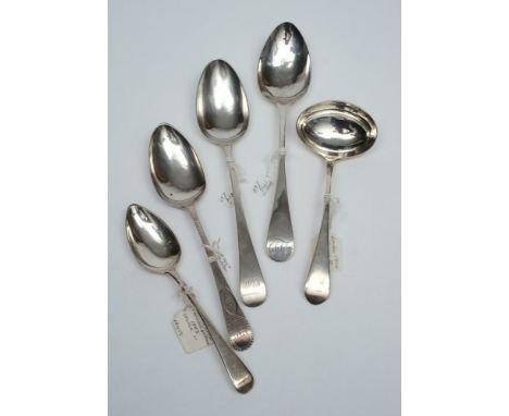 A George III silver Old English pattern sauce ladle, maker Peter, Anne and William Bateman, London, 1804: together with three