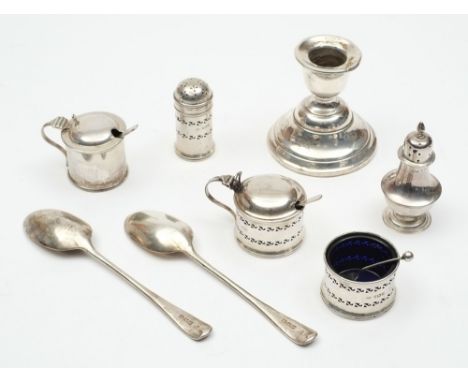 Six silver cruet items, various makers and dates: together with a silver candlestick and spoons.