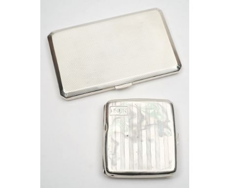 A George VI silver cigarette case, maker Alex Clark & Co, Birmingham, 1947:, inscribed, with engine turned decoration, 14cm. 