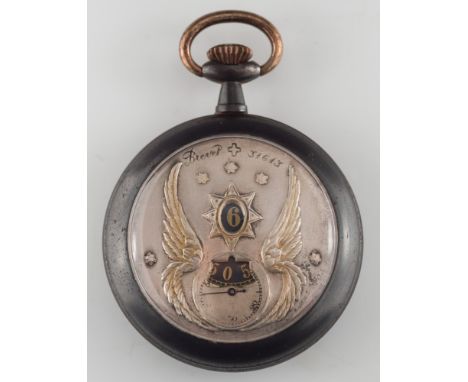 A gun metal cased digital pocket watch:, the circular dial  with hour and minute apertures between winged motifs in gun-metal