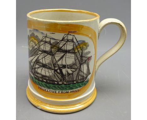 Victorian Sunderland Lustre Frog mug printed with ships portrait of a Hull Whaling Ship & inscribed 'Truelove from Hull'  'Th