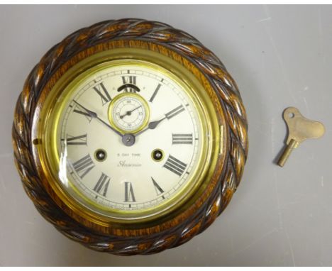 20th century oak case Bulkhead type Clock, circular white Roman dial with subsidiary seconds, Ansonia twin train 8-day moveme