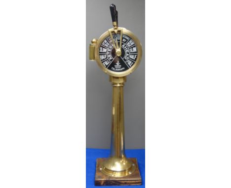 Decorative brass ships Engine Room Telegraph, with twin handles and burner compartment on wooden base, H102cm Condition Repor