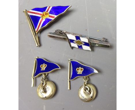 Pair of silver and enamel Royal Western England yacht club flag cufflinks, with button backs, Birmingham 1876, a similar YC b