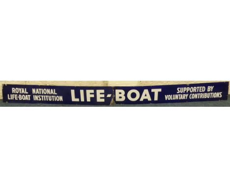 RNLI two piece enamel Lifeboat sign, white lettering on blue ground, approx 367cm x 30cm