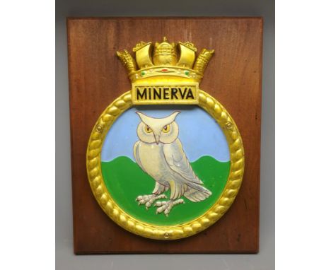 Bronze Ships Plaque for HMS Minerva (F45), centre relief decorated with an owl in a crowned rope twist surround, reverse cast