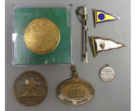 Silver &amp; enamel Naval sword bar brooch, Nelson Foudroyant copper medalion, Nelson Victory copper medal, Scindia 1919-1969