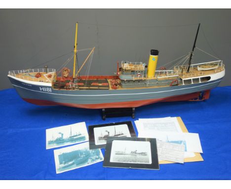 Part wooden scale model of the Hull Fishing Trawler Man 'O' War H.181, twin-masted with single screw, on stand, L117cm H55cm.