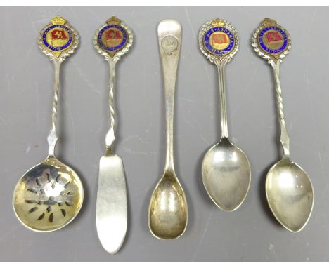 RMS EPNS and enamel Spoons etc incl. Lancastria sifter, Carinthia butter knife, Ascania, Elders &amp; Fyffes mustard spoon et