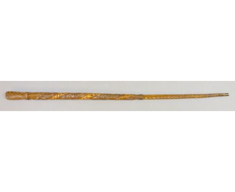 Early 20th century boxwood walking stick, shaft carved with ropetwist and entwined foliage, twist carved grip, L91cm 