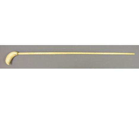 Victorian Whale bone walking stick, slender tapering shaft with curved Whale tooth handle, L88cm