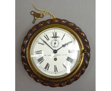 20th century oak case Bulkhead type Clock,, circular white enamel Roman dial with subsidiary seconds inscribed The Humber Shi