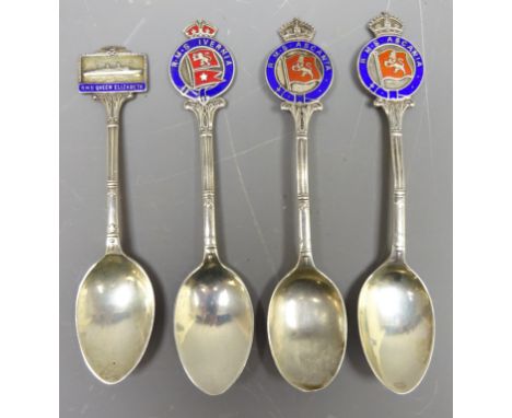 Silver &amp; enamel Spoons - Ascania (2) Invernia, &amp; RMS Queen Elizabeth, various makers, Birmingham, 1925-56 (4)