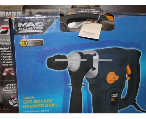 TWO ELECTRIC POWER TOOLS IN ORIGINAL BOXES
including a Mac Allister SDS Rotary Hammer Drill and a RotoZip Rotary, boxes 45cm 