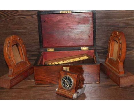 TEA CADDY, SET OF VICTORIAN DOMINOES, PAIR OF WOODEN BOOK-ENDS AND A CLOCK