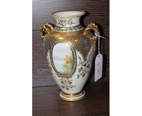 NORITAKE VASE
of shouldered baluster form, decorated on each side with a central cartouche depicting landscapes, with gilt an