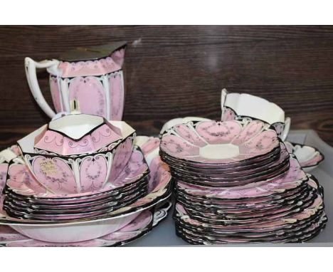 PINK AND BLACK OCTAGONAL SHELLEY PART TEA SET
in a fine bordered design and all numbered 11512/1 to the base, including three