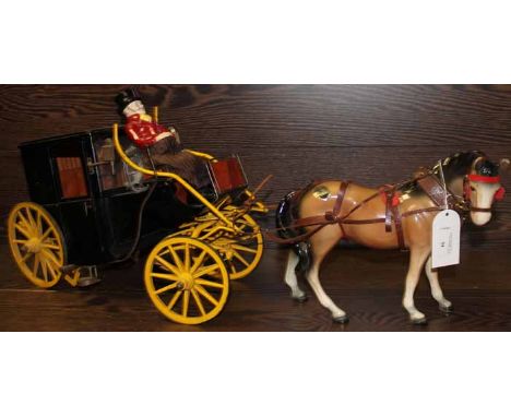 CERAMIC HORSE FIGURE WITH A COACH AND FOOTMAN
horse figure with Trentham Devon pottery label, the coach with black body and y
