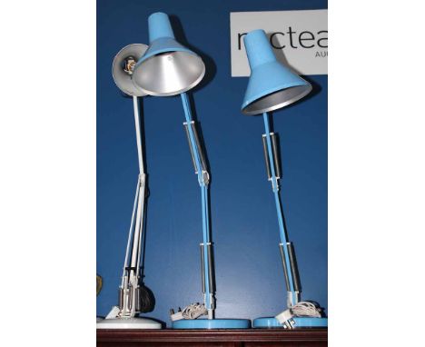 THREE ARCHITECT DESK LAMPS
including a white labelled Angle Poise lamp and a pair of pale blue lamps, Angle Poise 83cm high a