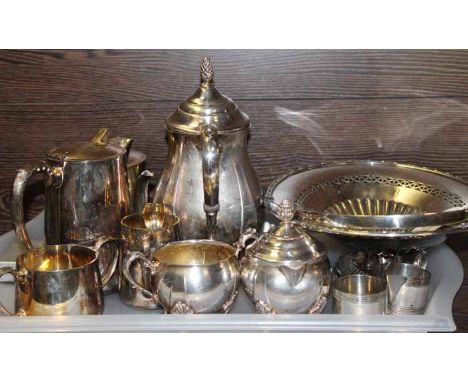 COLLECTION OF SILVER PLATED WARES
including silver plated basket, four piece tea service including a teapot, water pot, sugar