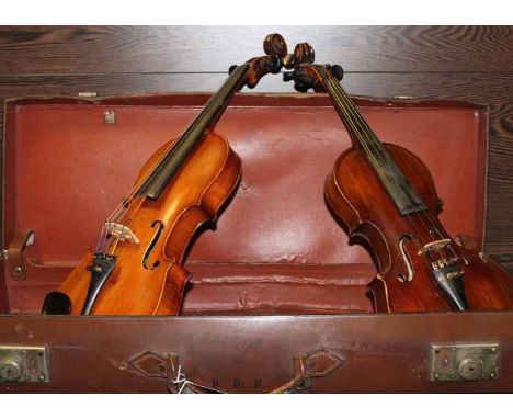 LATE 19TH CENTURY VIOLIN
with a curled 13" two-piece back, 54cm long; together with a 20th century violin, curled 14" two-pie