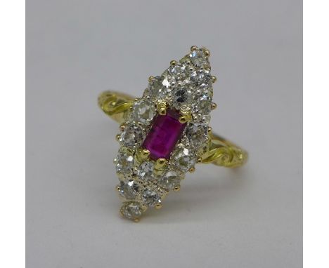 A Victorian ruby and diamond marquise cluster ring, 4g, N