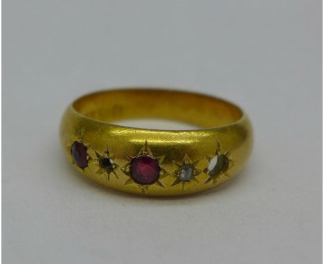 An 18ct gold, ruby and diamond ring, lacking two stones, Chester 1899, 2.1g, M