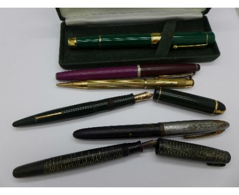 An Eversharp fountain pen with 14k gold nib, a rolled gold Yard-O-Led pencil, a House of Commons pen, boxed and three other p