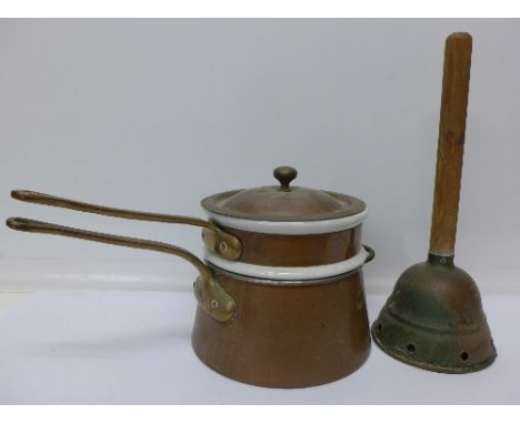 A copper and ceramic pan marked Bazar Francais, New York, '666', and a dolly peg