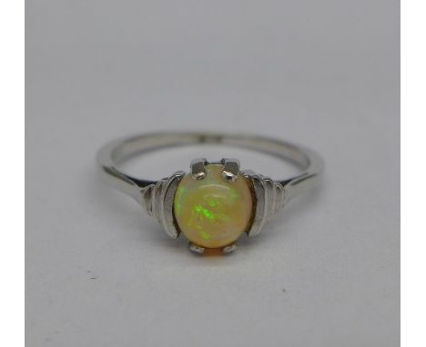 A 9ct white gold and opal ring, 1.7g, M