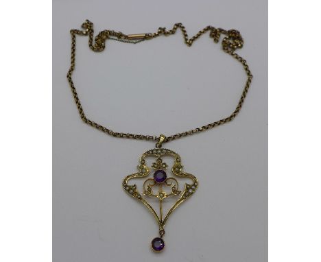 An amethyst and pearl set pendant with 9ct gold chain