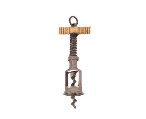 A German nickel plated spring shafted open frame miniature corkscrew, with turned bone handle.

Provenance:  The Christopher 