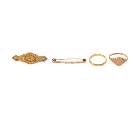A mixed group of jewellery, including a signet ring, marked Rolled Gold, size R, 1.2grams; a 22ct gold wedding band, UK hallm