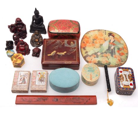 A mixed lot of Oriental items, modern including lacquer, enamel, resin etc.