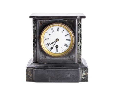 A French black marble mantel clock having an eight-day duration, timepiece movement with anchor escapement, the round white e