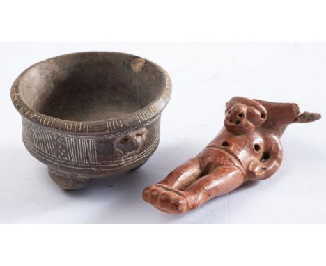 A Pre-Columbian, Costa Rica earthenware vessel, with low bun feet and incised decoration, 5 x 8cm; and a red terracotta figur