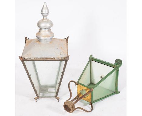 Two painted metal and glazed lanterns, late 19th / early 20th century; previously for lamp posts or gate piers; both of squar