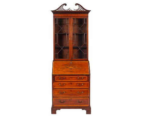 A mahogany, marquetry and glazed bureau bookcase, in George III style, 19th century; with openwork scrolling foliate swan nec