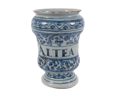 An Italian blue and white maiolica albarello, probably Savona, inscribed 'VNGo ALTEA SEMP' within floral bands, 18th Century,