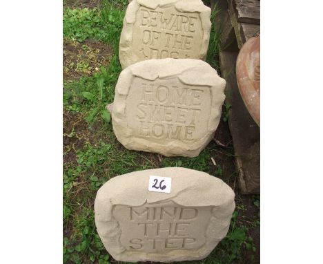 Three contemporary cast composition stone garden notices in the form of rough hewn stones with script Beware of the Dog, Home