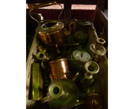 An assortment of antique metal wares to include a Victorian copper kettle, brass and timber mounted table gong, chambersticks