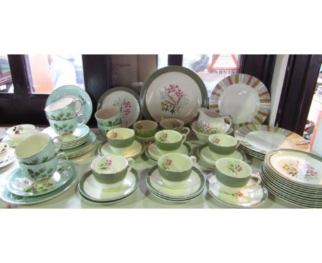 A quantity of Bristol Pottery Cotswold pattern tea wares with printed floral spray decoration comprising cake plate, milk jug