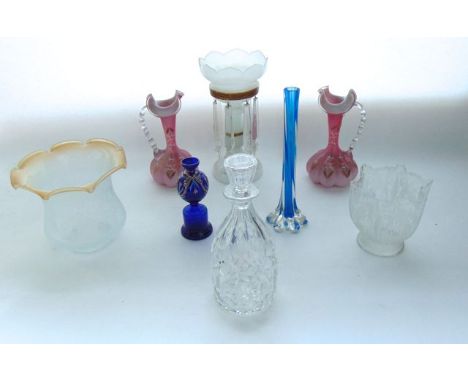 A collection of glasswares to include an opaque Victorian tablelustre, lamp shades, etc
