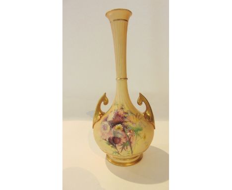 A Royal Worcester blush ivory two handled vase with painted thistle and other wild flower decoration and with green printed m