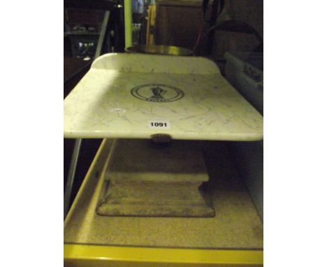 A Victorian counter top weighing scale by Bartlett & Son Ltd, Bristol with transfer printed marble effect ceramic tray and he