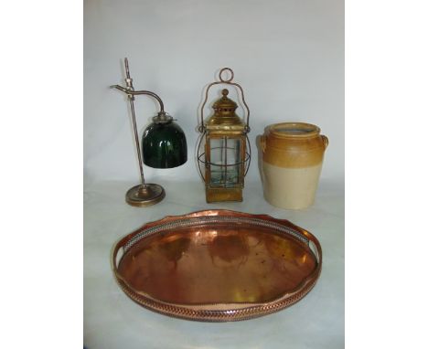 An adjusting steelwork desk lamp accommodating a green and opaque glass shade, 45 cm high approx,  a hanging brass lantern wi