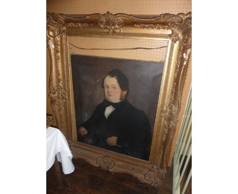 A 19th century oil painting on canvas half length portrait of a seated portly gentleman in black suit, 92 cm x 70 cm in subst