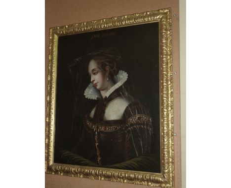 A 19th century oil painting on canvas in the 16th century manner showing a half length portrait of a lady in brown velvet dre
