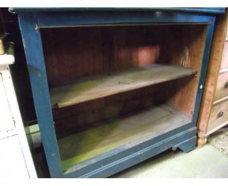 A continental side cupboard with blue painted finish, shallow moulded frieze drawer over an open shelf (originally enclosed) 