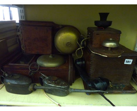 Two similar oak cased wall mounted bell/ringing units (telecommunication), two further oak mounted units together with two vi